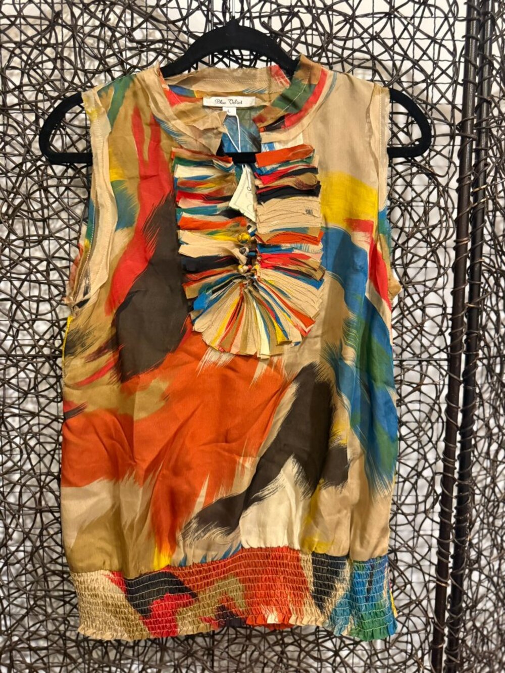 Silk Printed Brushstroke Blouse w/ Ruffle Neck Detail (0328) - Picture 2 of 5